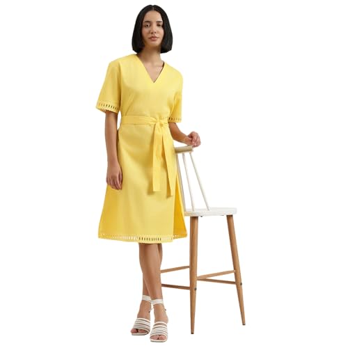 United Colors of Benetton Regular Fit V-Neck Self Design Dress (Size : S) - 26P4WVNDR307I3N8 Yellow