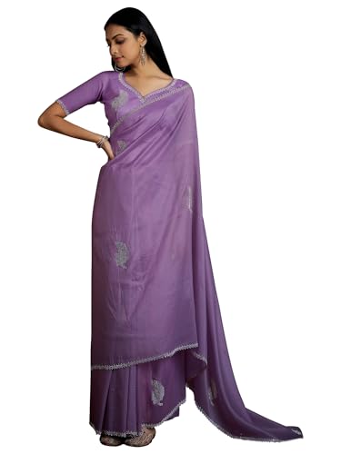 SAREE MALL Women's Lavendar Pure Silk Embellished Saree With Unstitched Blouse (MAHEK957D_MK)