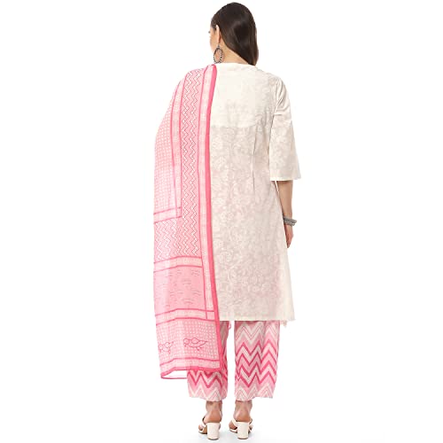 BIBA Women Printed Straight Salwar Kurta Dupatta(Skd8052_Wht/Pnk_42), Cotton, White/Pink