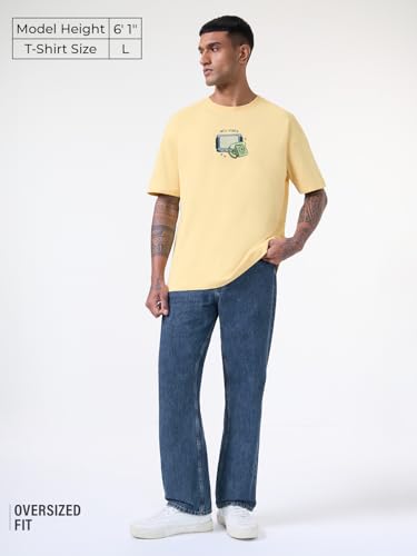 The Souled Store Flashback Fits: My Vibe Men and Boys Short Sleeves Round Neck Light Yellow Embroidered Casual Drop Shoulder Lightweight Streetwear Oversized T-Shirt