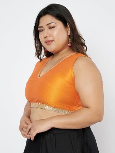 studio rasa Women's Plus Size Silk Blend Embellished Readymade Saree Blouse for Festive Wedding Party (TPWPC225BL02XXL_Orange_2XL)