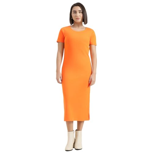 United Colors of Benetton Round Neck Solid Dress (Size : XS) - 26P3RYCD400YI0F4 Orange
