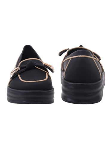 Shoetopia Women’s Black Platform Loafers || Stylish Slip-On Casual Shoes with Metal Detail || Comfortable Everyday Footwear EU39