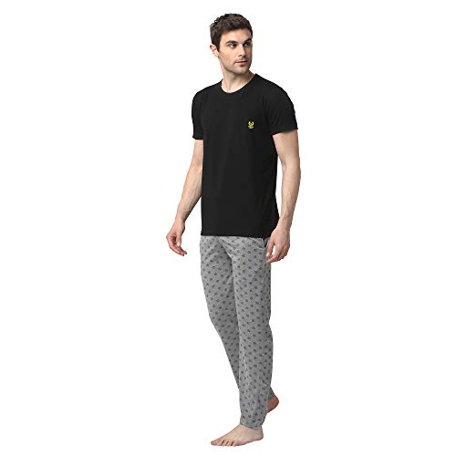 Mack JONNEY Cotton Blend Night Suit Co-ord Set for Men with Round Neck Half Sleeve T-Shirt and Track Pant-T_BLK_D1_PRT_4MLG_02-XL