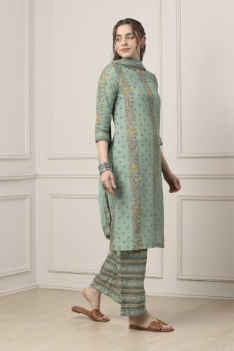BIBA WOMEN PRINTED NARROW SALWAR KURTA DUPATTA(SKD7519E_SAGE GREEN_36)