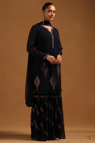 Soch Womens Navy Blue Georgette Embellished Suit Set With Mukaish Work