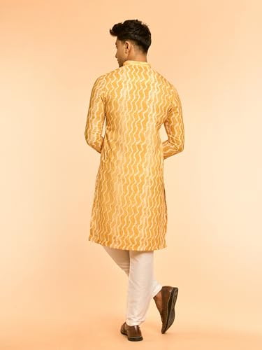 DIWAS BY MANYAVAR Men's Art Silk Leheriya Print Kurta Set (Yellow,XXL)