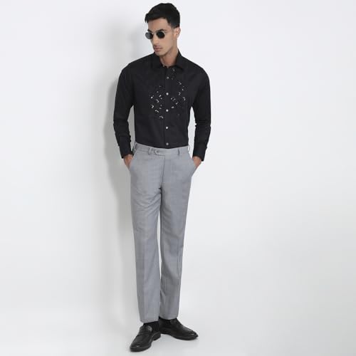 Raymond Men Regular Fit Embroidery Pattern Pure Cotton Cut Away Collar Full Sleeve Tail Bottom Hem Ceremonial Shirt Black