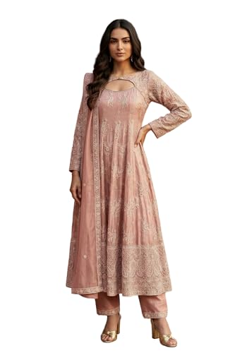 Aurelia Women's Rose Embroidered Sequinned Tissue Anarkali with Trouser and Dupatta Set - (AD10770-E609506-L)