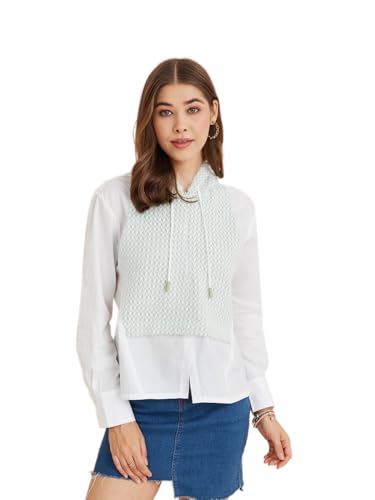 Latin Quarters Women's White Hooded Full Sleeves Self Design Casual Shirt_XXL