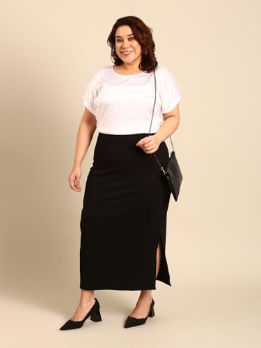 The Pink Moon Women's Maxi Plus Size Straight Black Side Slit Skirt - (SKT_Long_BLK_Black_4XL)