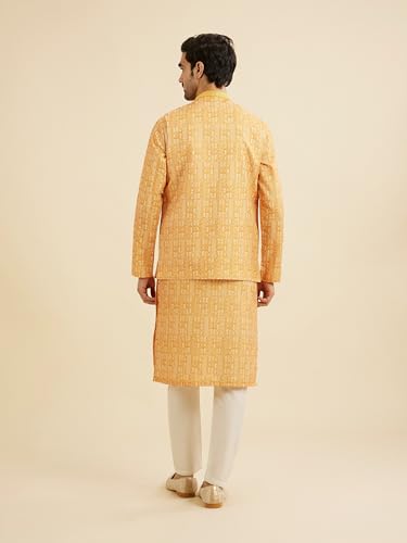 Manyavar Men's Art Silk Printed | Thread Work Kurta Jacket Set (Mustard,L)