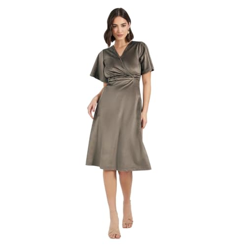 Styli Women Olive Green Solid V-Neck A-Line Midi Dress | Elegant Wrap Style | Short Extended Sleeves | Flared Hemline | Perfect for Casual & Semi-Formal Occasions