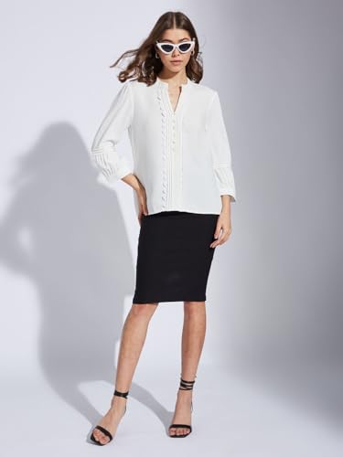 Latin Quarters Women White V-Neck 3/4th Sleeve Solid Tunic Blouse_S