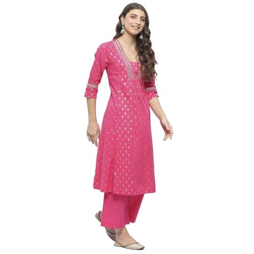 BIBA Women Cotton Printed Kurta Sets (SKDNAGMA10833SS25FUS_Fuchsia, XL