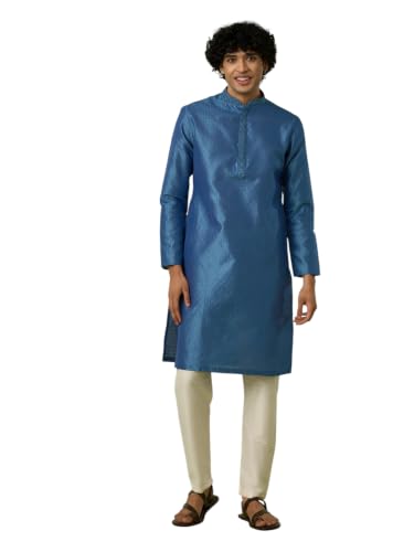 DIWAS BY MANYAVAR Men's Art Silk Thread Embroidery Festive Kurta Set (2pc) (Blue, L)
