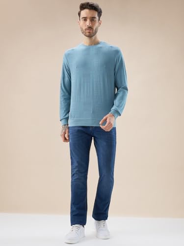 Status Quo Men's Geometric Textured Round Neck Full Sleeve Regular Fit T-Shirt | 50% Cotton 45% Polyester 5% Lycra | S.Blue | M Size