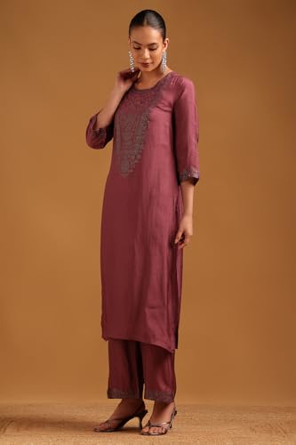 Soch Womens Onion Pink Dola Silk Embellished Kurta Set With Stone Work