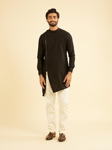 Manyavar Men's Cotton Asymmetric Mid Length Kurta(Black,XXXL)