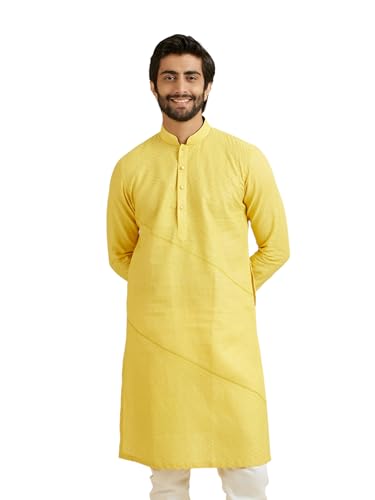 Manyavar Men's Pure Linen Solid Long Kurta(Yellow,L)