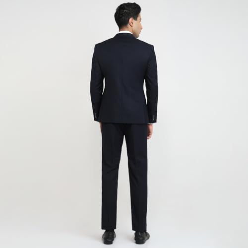 Park Avenue Men Regular Fit Solid Pattern Terelyne Rayon Wool Blend Narrow Lapel Full Sleeve Formal Suit Dark Blue