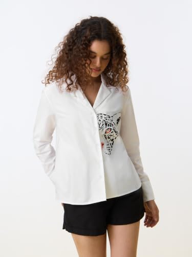The Souled Store Tigress Women and Girls Full Length Spread Collar White Graphic Printed Cotton Blend Relaxed Fit Casual Office Wear Lightweight Everyday Shirt