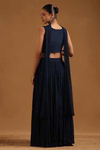 Soch Womens Navy Blue Chinon Embroidered Lehenga Choli With Cutwork And Sequins