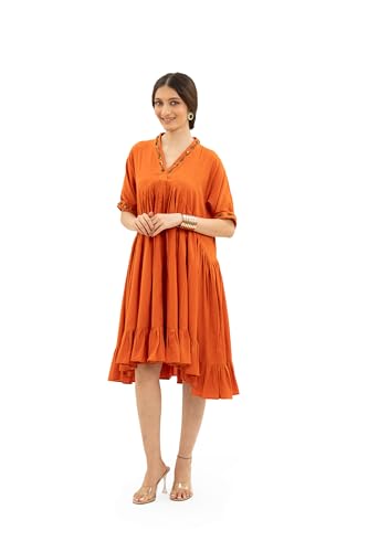 MIORAH Ethnic Dress for Women and Girls, Western Slub Cotton V Neck One-Piece for Women’s, Stylish Oversized Half Sleeve Midi Dress, Hand Embroidery with Metal Sequins (Colour- Orange, Size- 3XL)