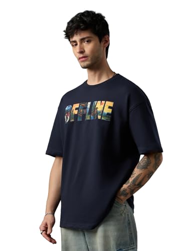 The Souled Store Oversized T-Shirt: Offline Men and Boys Short Sleeve Round Neck Navy Blue Graphic Printed Casual Lightweight Drop Shoulder Streetwear Trendy Oversized T-Shirts