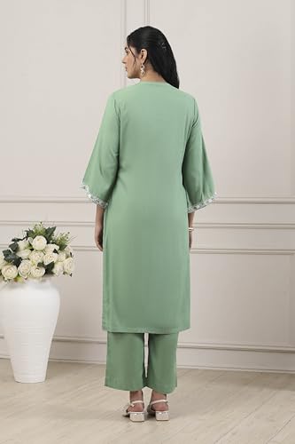 BIBA Women Green Viscose Rayon Straight Suit Set_36