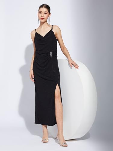 Latin Quarters Women Black V-Neck Sleeveless Solid A-Line Dress_S
