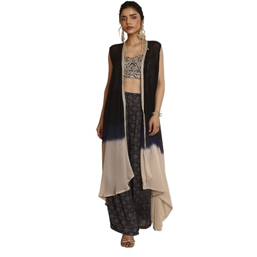 BIBA Women Black Viscose Georgette Bandhani Printed Fusion Set_36