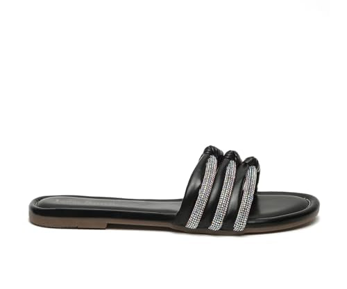 LOUIS STITCH Women's Fashion Flat Slip On Sandals | Open Toe Black Stylish Flat Sandal for Ladies, Comfortable All day Wear Slipper | LSOF-LDSL-GLTSJB | (UK-3)