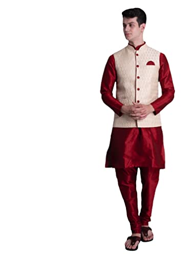 Ethluxis Men's Silk Blend Maroon Kurta Churidar Pyjama with Stylish Bundi Nehru Jacket Waistcoat (36, Maroon/Golden)
