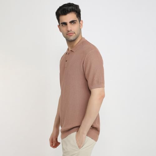 Park Avenue Men Slim Fit Structure Pattern Pure Cotton Half Sleeve Polo Neck Casual T-Shirt (Size: 40)-PCKB01463-E4 Medium Orange