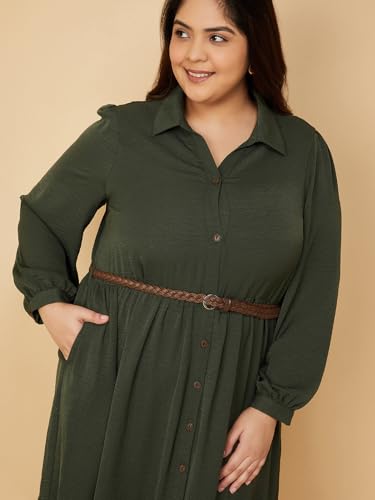 Max Women Textured A-line Tiered Shirt Dress with Belt (Green_3XL)