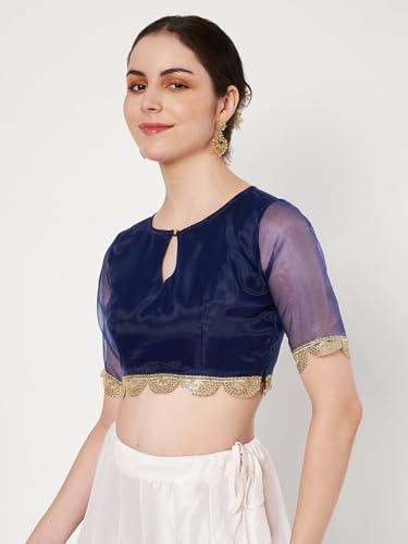 studio rasa Women's Organza Embellished Blouse for Festive Wedding Party (TPWC62538XL_Navy_X-Large)
