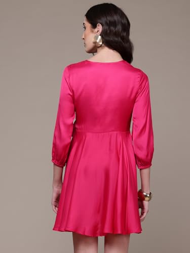 Label RITU KUMAR Round Neck Full Sleeves Solid Short Dress Fuschia