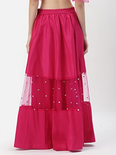studio rasa Women's Girls Dupion & Net Sequins Embroidered Panelled Skirt for Wedding Festive (SKTC32205XL_X-Large_Pink)
