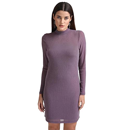 Kazo Solid Polyester Blend High Neck Women's Midi Dress (Purple,Large)