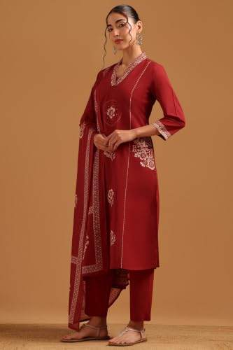 Soch Womens Maroon Cotton Digital Printed Botanical Appliqué Salwar Suit
