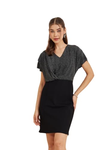 Latin Quarters Women's Black V-Neck Cap Sleeves Solid Party Bodycon Dress_M