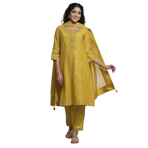 Biba Women Lime Cotton Blend Straight Yarndyed Suit Set_42