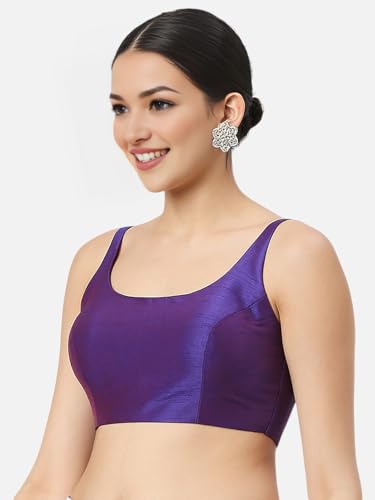Biyu Women's Art Silk Solid Round Neck Sleeveless Readymade Saree Blouse (Purple, 34)
