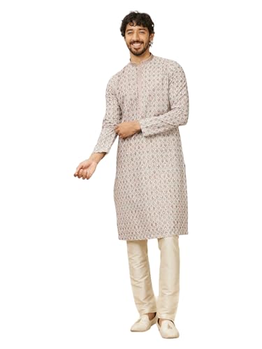 Manyavar Beige Blended Cotton Digital Printed Kurta Pyjama Set for Men