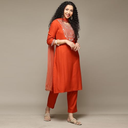 BIBA Women's Burnt Orange Rayon Straight Kurta Pants Suit Set_42