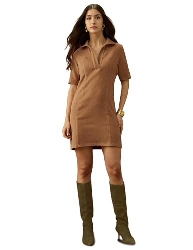 U.S. Polo ASSN. Textured Polo Collar Mini Dress (UWAW25DRS185_Brown_L)