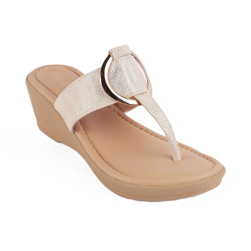 tresmode MING Women's Wedges Sandals Platform Heels Gold, 7 UK / 40 EU - Round Open Toe Comfortable Soft Footwear