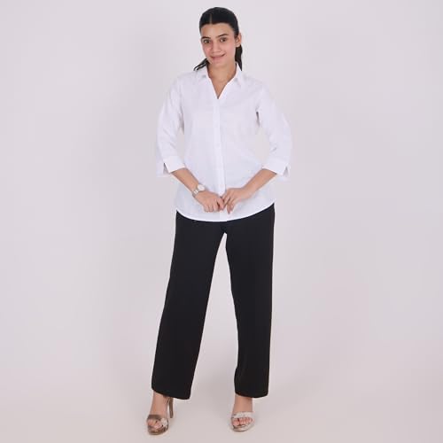 QUEEN SHIELD Women’s Linen Shirt with 3/4 Sleeves – V-Neck Button Down Casual Regualr Fit Top, Soft & Breathable Fabric White