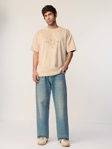 The Souled Store Compass Men and Boys Short Sleeves Round Neck Beige Embroidered Casual Lightweight Drop Shoulder Streetwear Trendy Oversized T-Shirts